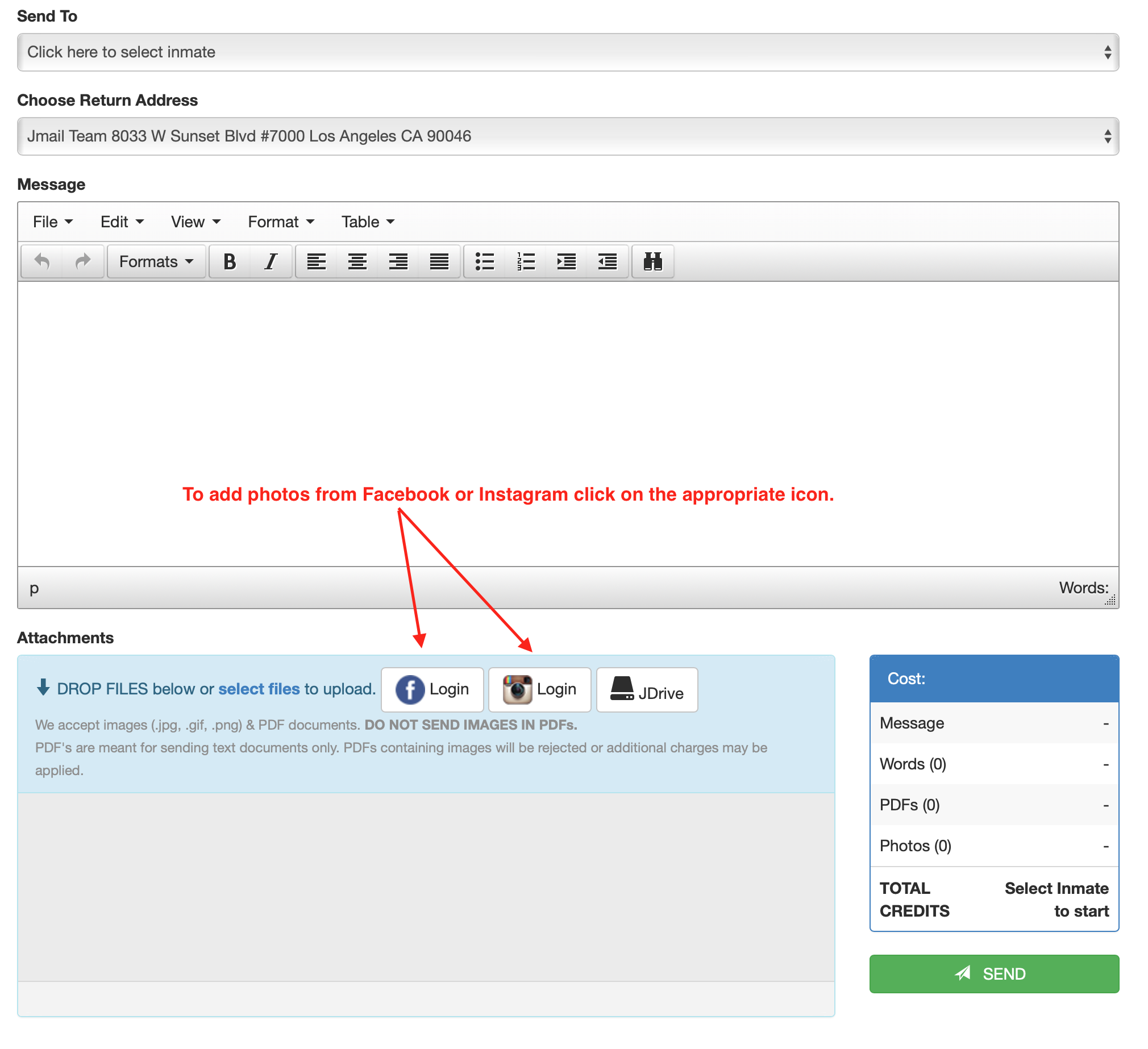 Select the Facebook or Instagram icon on the Compose page. 